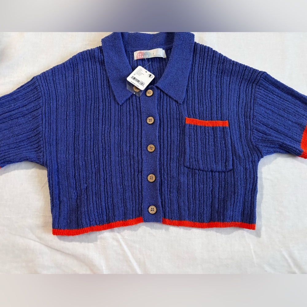 Free People Blue Cardigan with Orange Accents